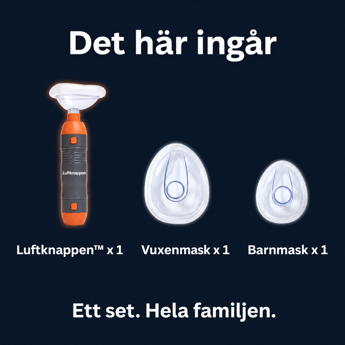 Det här ingår: Luftknappen, vuxenmask och barnmask